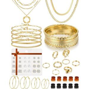 Elegant 5-Layered Necklace & 12 Bracelet Jewelry Set - Trendy Gold Collection